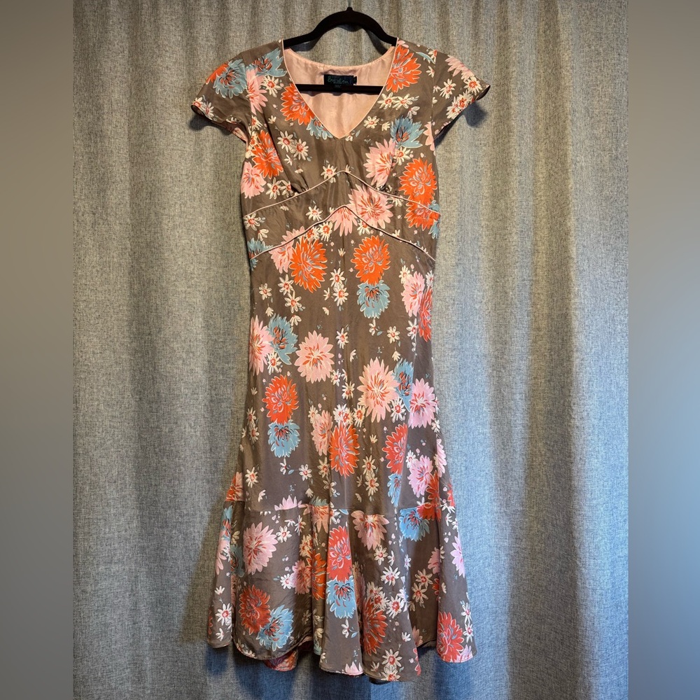 Boden Floral Midi Dress in Pink, Orange, and Blue